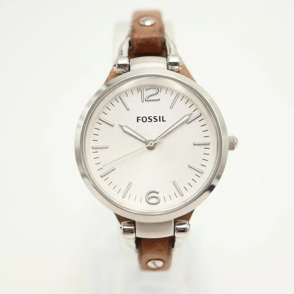 Fossil Georgia Silver Tone Womens Watch 32mm Brown Leather ES3060 w New Battery